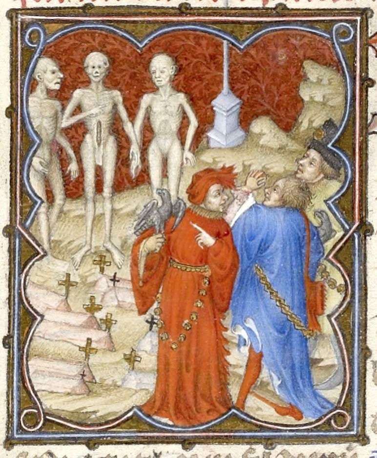 Ce tableau représente le Dit des trois morts et des trois vifs
