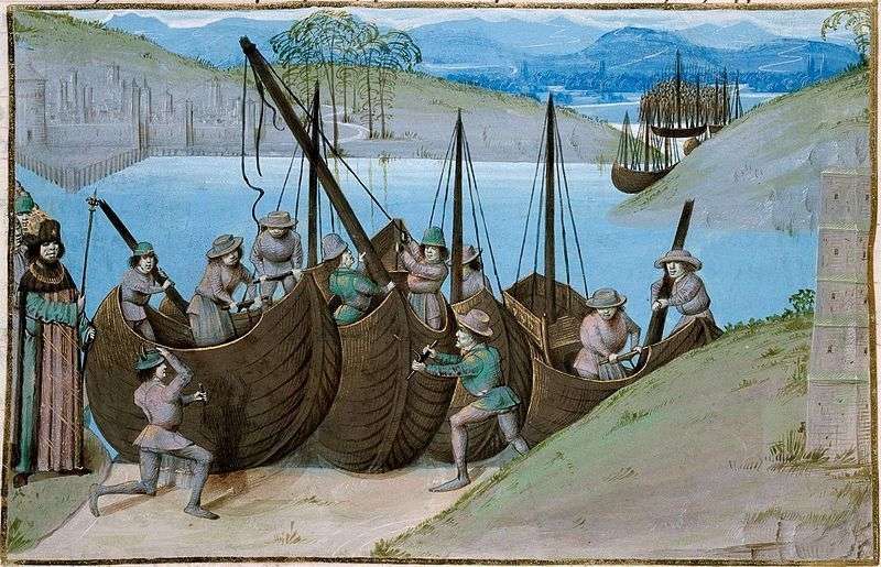 Jean Wavrin, Anciennes et nouvelles chroniques d'Angleterre. Illustration de la fin du XVe siècle reprenant une thème de l'histoire antique (expédition de César en Angleterre) mais montrant des nefs médiévales. Origine : Bruges.
après 1471 , avant 1483